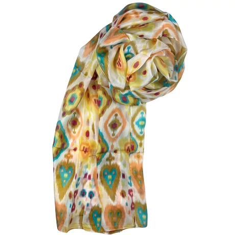 Porcelánfehér alapon tölgyfaszín mintás 100% valódi hernyóselyem sál 100x180 cm