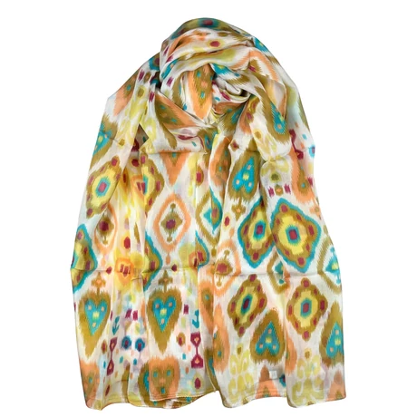 Porcelánfehér alapon tölgyfaszín mintás 100% valódi hernyóselyem sál 100x180 cm