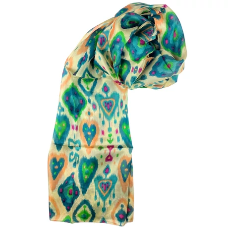 Juharfaszín alapon bársonyzöld mintás 100% valódi hernyóselyem sál 100x180 cm