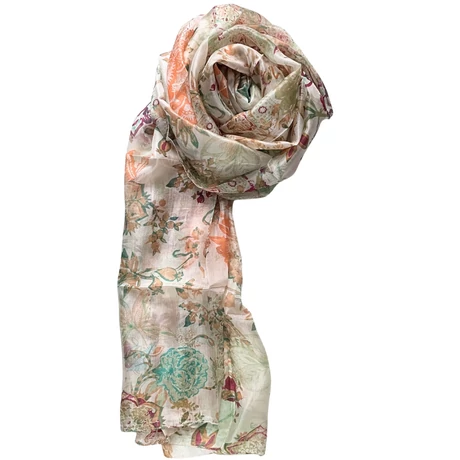 Nyersfehér alapon mintás 100% valódi hernyóselyem sál 100x180 cm