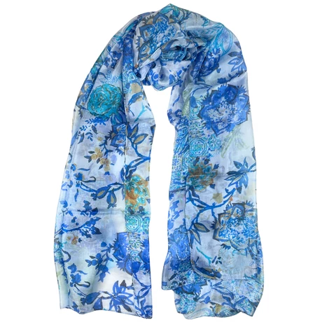 Kristálykék alapon mintás 100% valódi hernyóselyem sál 100x180 cm