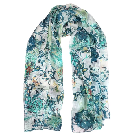 Hermelinfehér alapon amazonaszöld, kolibrizöld mintás 100% valódi hernyóselyem sál 100x180 cm