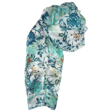 Hermelinfehér alapon amazonaszöld, kolibrizöld mintás 100% valódi hernyóselyem sál 100x180 cm