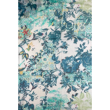 Hermelinfehér alapon amazonaszöld, kolibrizöld mintás 100% valódi hernyóselyem sál 100x180 cm