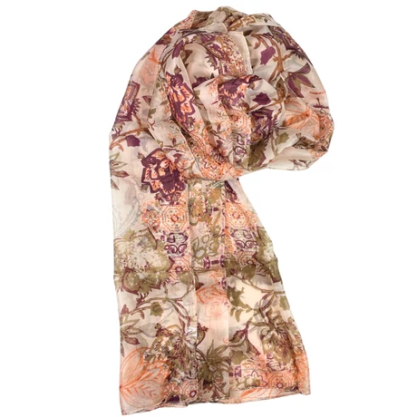 Őszibarackszín alapon sitakebarna, burgundy, terrakotta mintás 100% valódi hernyóselyem sál 100x180 cm