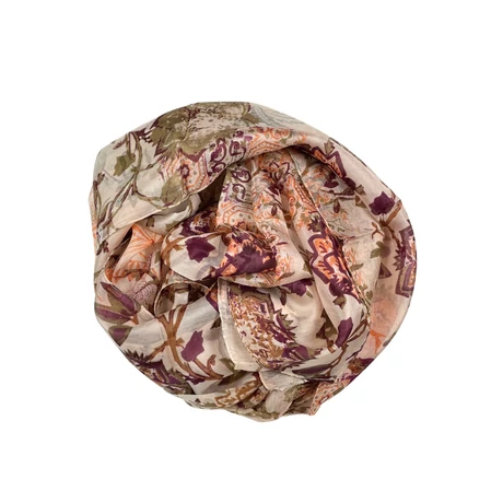 Őszibarackszín alapon sitakebarna, burgundy, terrakotta mintás 100% valódi hernyóselyem sál 100x180 cm