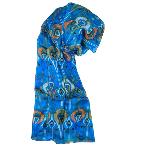 Cölinkék alapon mintás 100% valódi hernyóselyem sál 100x180 cm