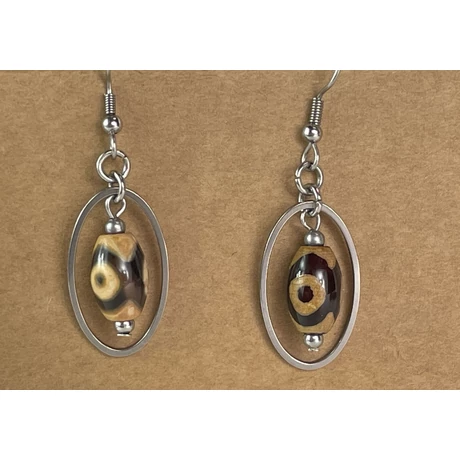 Tibeti fülbevaló ovális keretben dzi mintás kővel allergiamentes orvosi fém biztonsági kapoccsal