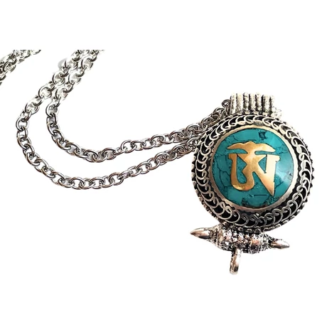 Türkiz gao üreges medál tibeti OM szótaggal, strapabíró nemesacél nyakláncon