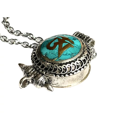 Türkiz gao üreges medál tibeti OM szótaggal, strapabíró nemesacél nyakláncon