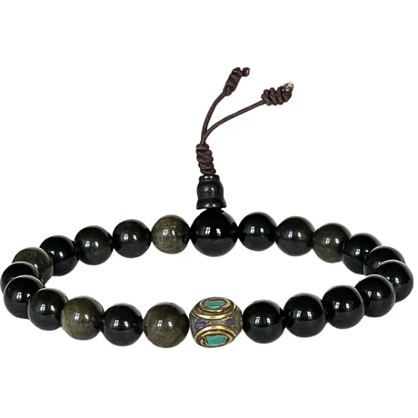 Obszidián mala tibeti osztóval, 21 szemes 17 cm kerületű karmala