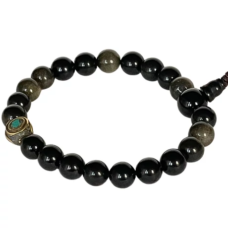 Obszidián mala tibeti osztóval, 21 szemes 17 cm kerületű karmala