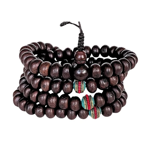 Bodhifa mala tibeti design osztóval, natúr szemekből sötétbarna színben 94 cm kerületű
