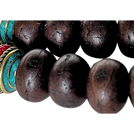 Bodhifa mala tibeti design osztóval, natúr szemekből sötétbarna színben 94 cm kerületű